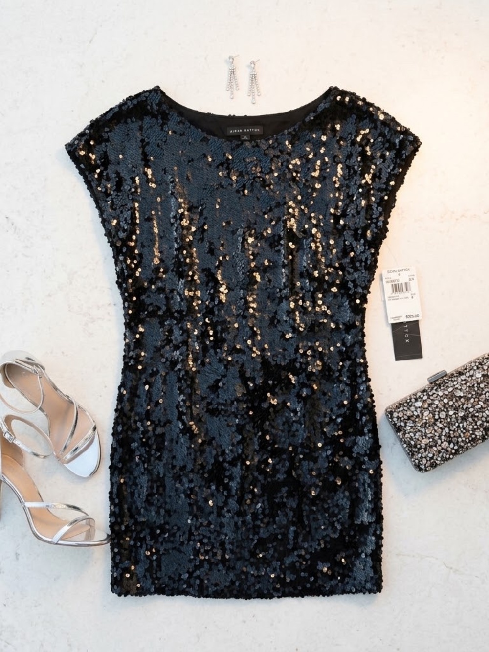 Aidan Mattox Black Sequin Cap Sleeve Boatneck Cocktail Shift Mini Dress 6 NWT
